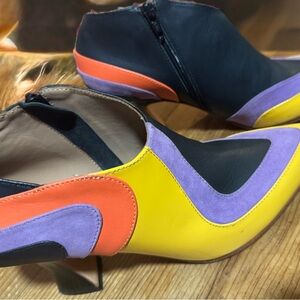 John Fluevog Ankle Booties 🧡💛💜 purple orange yellow and black
